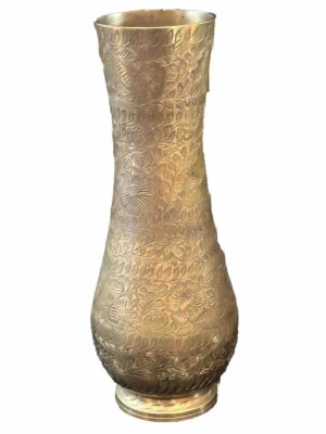 Vintage Solid Brass Vase 10  Tall DelicateF ine Etching Flowers/leaves Signed