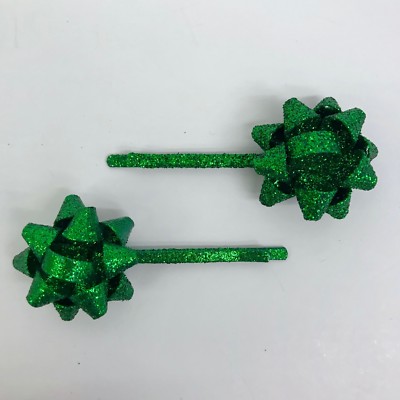 St Patricks Day Bobby Pins Green Glitter Bow Holiday Hair Accessory Set of 2
