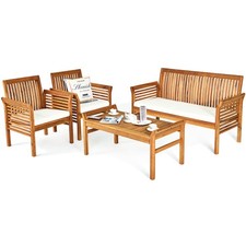 4 PCS Outdoor Acacia Wood Sofa Furniture Set Cushioned Chair Coffee Table Garden