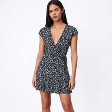 J.Crew Navy Blue Floral Ruffle Faux Wrap V-Neck Short Sleeve Mini A-Line Dress 4