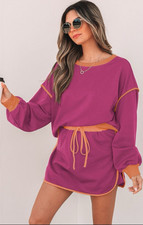 Women s 2-Piece Sweatsuit Set Purple/Orange Crewneck Sweatshirt Shorts