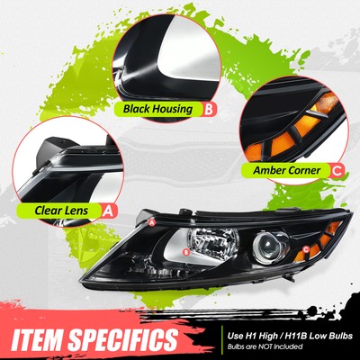 For 11-13 Optima Non-Hybrid Factory Style Black Housing Clear Corner Projector Headlight Lamps Fits Select 2013 Kia Optima Lx 2012 Kia Optima Ex