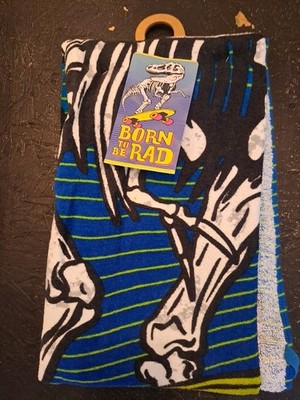 Mainstays ''Born To Be Rad'' Beach Towel. Dinosaur Skateboard. 28''X60'' 100% Cotton