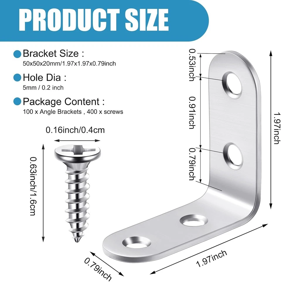 Versatile Heavy-Duty Corner Brace 100-Pack - 1.97" Stainless Steel Brackets - Image 4 of 4