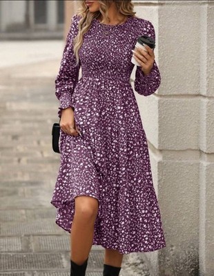 SHEIN Size XL (12) Dusty Purple Floral Dress Pintucked Smocked Womens | eBay
