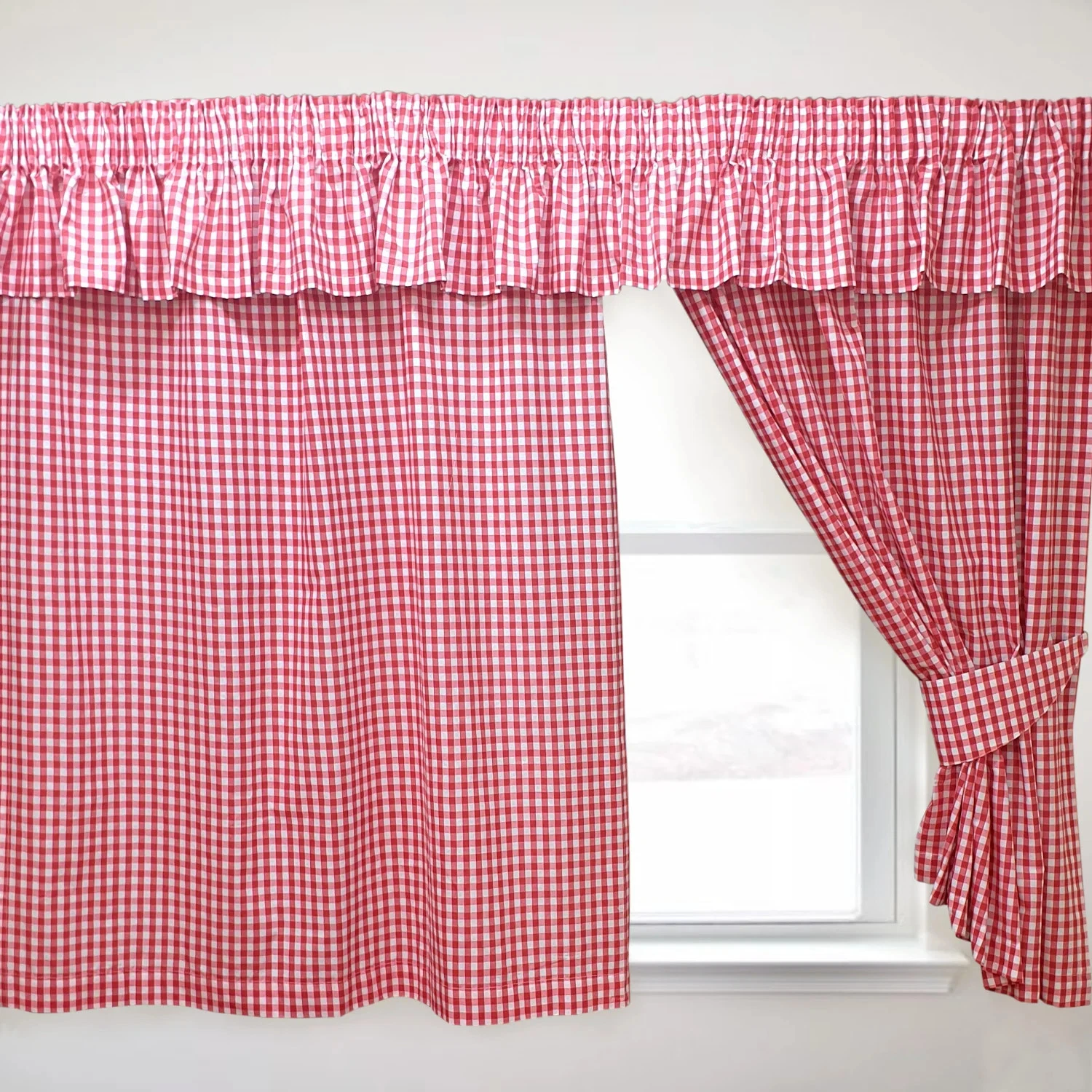 Gingham Check Cherry Curtains 46"x54" Country Cottage Cotton
