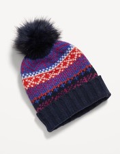 Old Navy Women s Chunky Knit Pom Pom Beanie Fair Isle Arctic Depth One Size