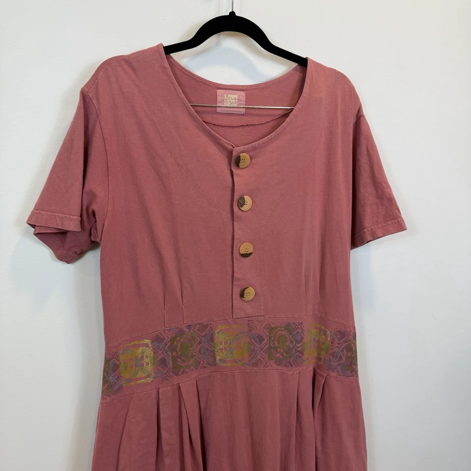 RARE Blue Fish Women Shirt Dress Maxi Pink Lagenlook Short Sleeve Floral VTG - Image 3 of 4