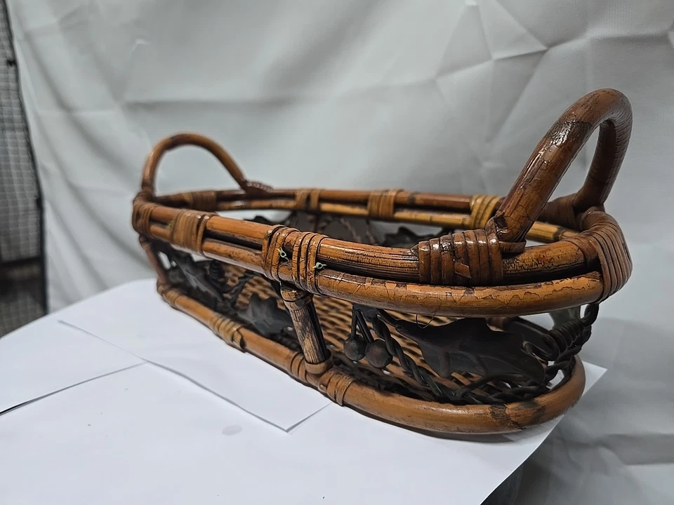 Vintage French Brass Copper Wood Woven Basket Pincone And Grapes Motifs - Image 2 of 4