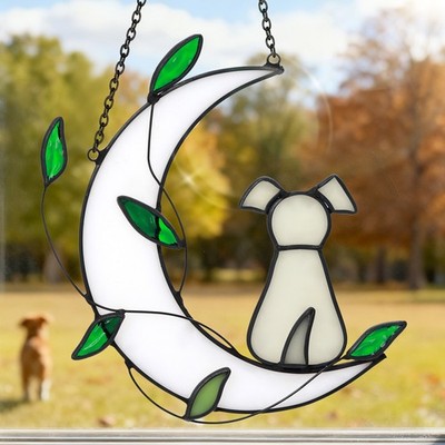Moon, Green Leaf, Dog, Sunlight Catcher, Outdoor Light Catcher, Window Hanging