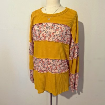 Boutique Oversized Floral Patchwork Waffle Knit Mustard Yellow Top by Heimish