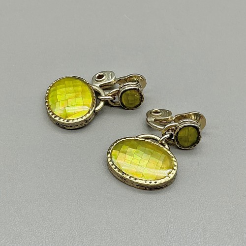 Monet Earrings Green Mother of Pearl Clip On Dangle Gold Tone Signed 1.25"