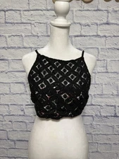 Free People Intimately Black Cropped Halter Top Crochet Style With Floral Inlay