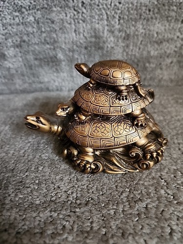Gold-Tone Collectible Vastu Fengshui Triple Turtle Statue - Picture 9 of 10