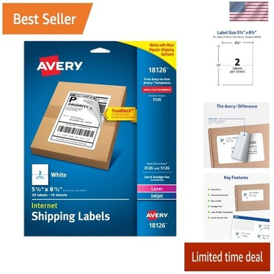 Avery Internet Shipping Labels, 5-1/2'' x 8-1/2'', 20 Labels (18126)