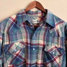 Vintage 1960's 1970's Roebucks Plaid Western Flannel Pearl Snap Button Up M