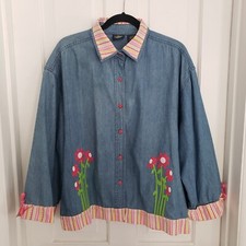 Lighthouse Apparel Womens Denim Jacket Coat Xxl Long Sl Spring Floral Applique
