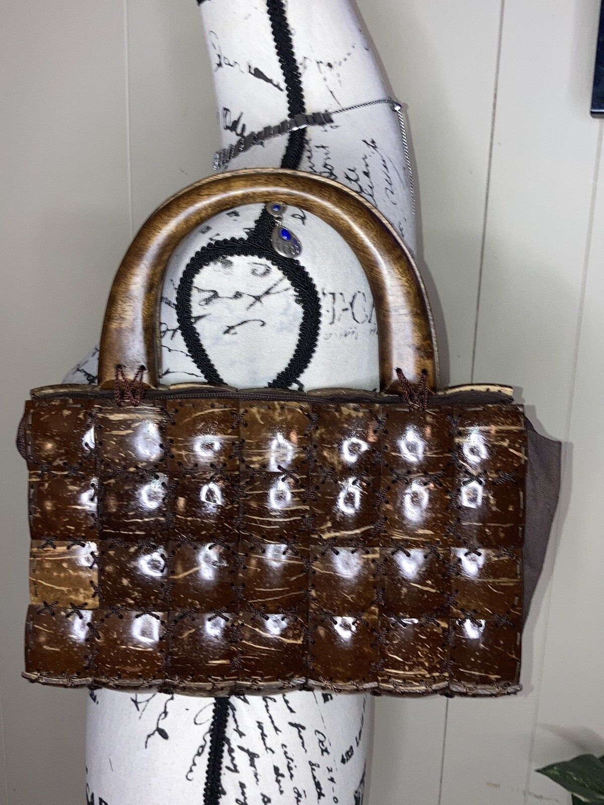 Handmade Coconut Shell Woven Patchwork Brown Zip … - image 4