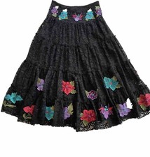 BASIL  MAUDE Anthropologie Skirt Black Lace Sequin Floral Embroidery Long Sz 4