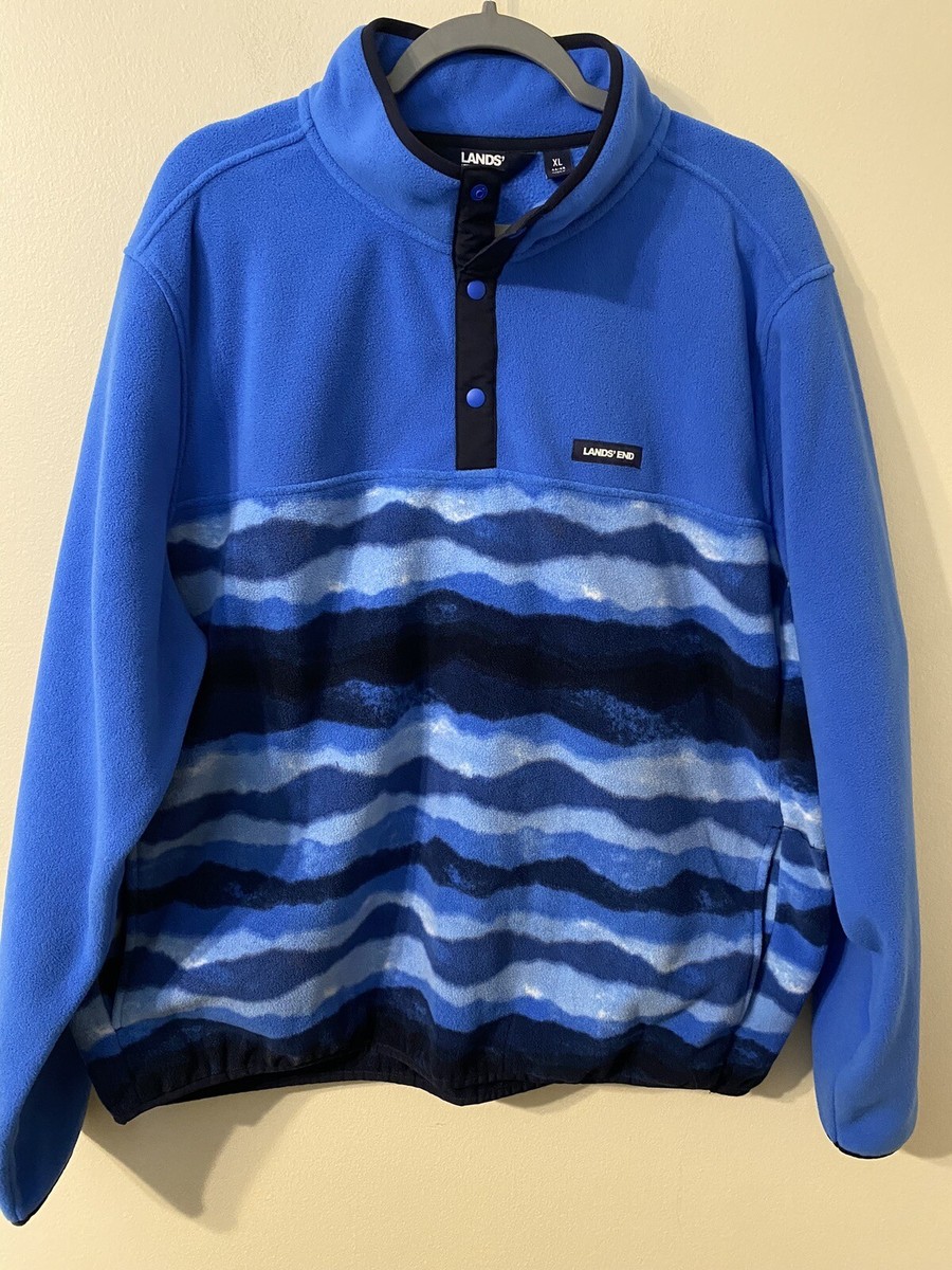 Men's Lands’ End Blue Stripe Heritage Fleece Snap Neck Pullover Size XL  46-48