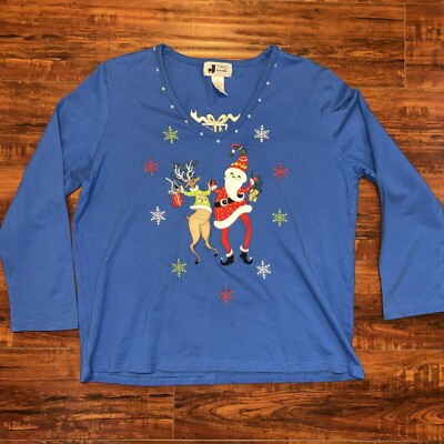J Two New York Christmas Long Sleeve Blue w/Embellishments size L Preowned Good!
