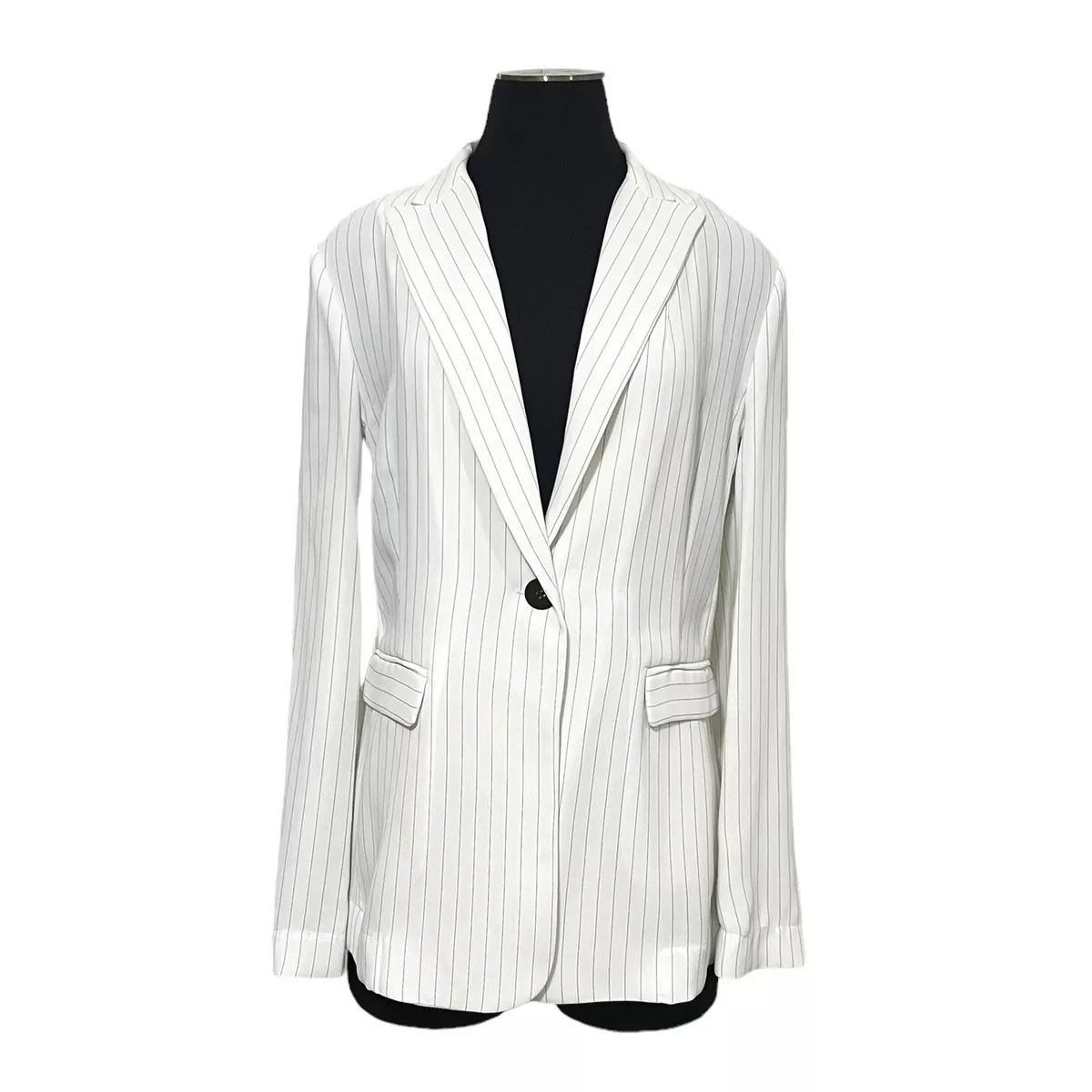 Veronika Maine White Stripes Blazer Jacket Size 12 Medium M Button