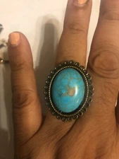 Retro large Oval Blue Turquoise Cabochon Brass filigree Ring w/ adjustable band