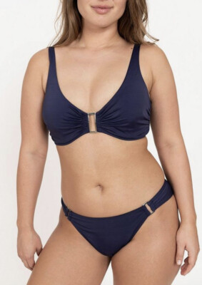 DORINA Santana Non Padded Bikini Top Plunge Gold Buckle Navy Blue UK Size 34B