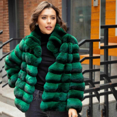 Women Luxury Real Chinchilla Rex Rabbit Fur Coat Stand Collar