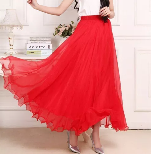 Damen Lange Röcke Hohe Taille Weiß Chiffon Sommer Boho Maxirock Strand Volant - Bild 9 von 40