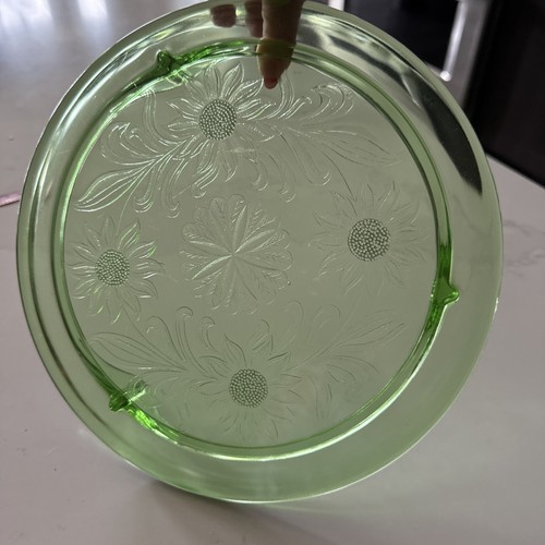 Piatto torta girasole vintage Jeanette depressione verde piedi vetro 10" - Foto 2 di 5