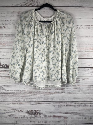En Saison Blouse Womens Small White Blue Floral Long Sleeve Peasant Top Boho