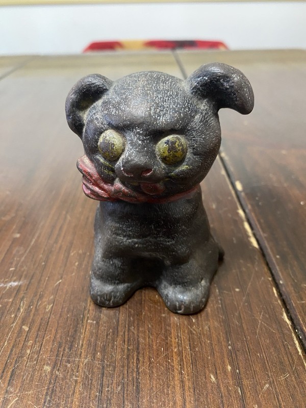 Hubley Antique Cast Iron Still Coin Piggy Bank Puppy Dog With Red Bow 1914
