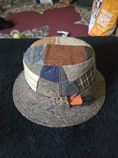 Irish Walking Tweed Hat Multicolor Patchworks Feather Detail by Hanna Hats