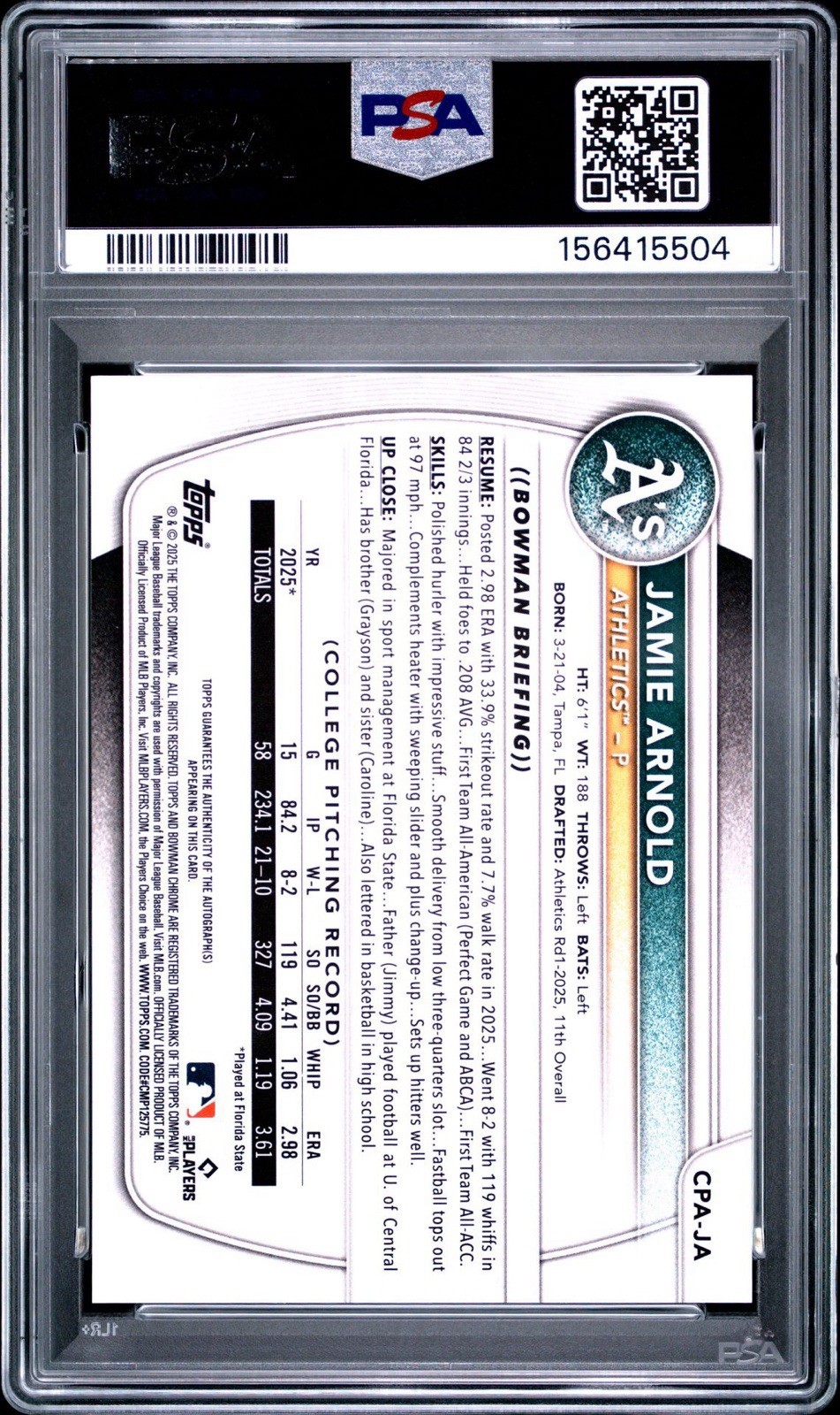 2025 BOWMAN DRAFT #CPA-JA JAMIE ARNOLD CHROME PROSPECT AUTOGRAPH PSA 9 view 4