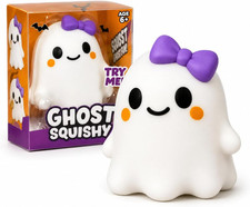 Halloween Ghost Squishy Toy, Cute White Ghost Squeeze Toy with Purple Bow, Soft