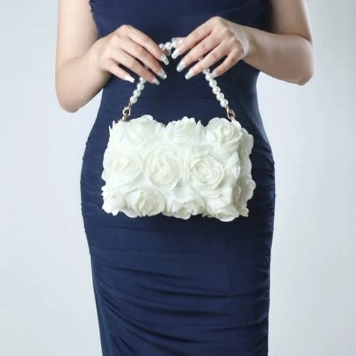 Cartera con embrague para mujer, bolso de mano de noche floral 3D de gasa, top con cuentas de perlas beige Foto 2 de 4