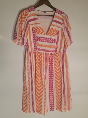 Old Navy Dress Womens Medium Tall White Pink Orange Jacquard Short Sleeve