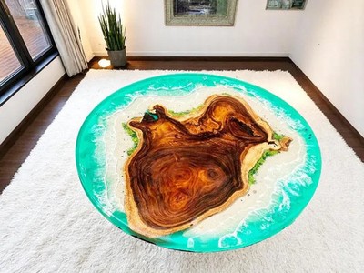 Handmade Green Epoxy Resin Ocean Table: Natural Wood Round Table