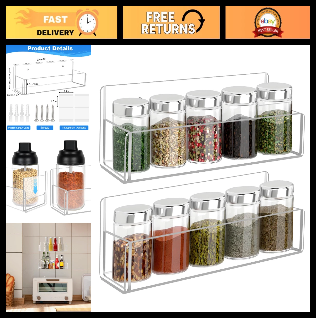 Clear Acrylic Spice Rack Wall Mount - 2 Pack 9" Seasoning Organizer for Kitchen