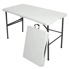 4FT White Folding Table Fold in Half Portable Plastic Table with Handle for Outd