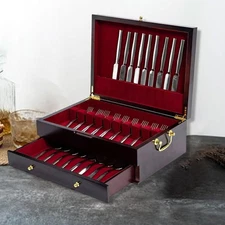 Flatware Silverware Wood Storage Box Accessory with Protective Felt Interior