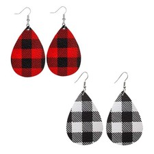 Buffalo Plaid Earrings for Women - Christmas Lightweight Faux Leather Teardrop D
