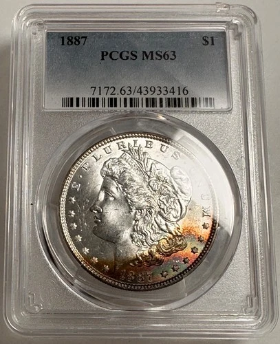 1887-P MORGAN DOLLAR / NICE ORANGE & GREEN TONED OBV, RIM TONED REV / PCGS MS63