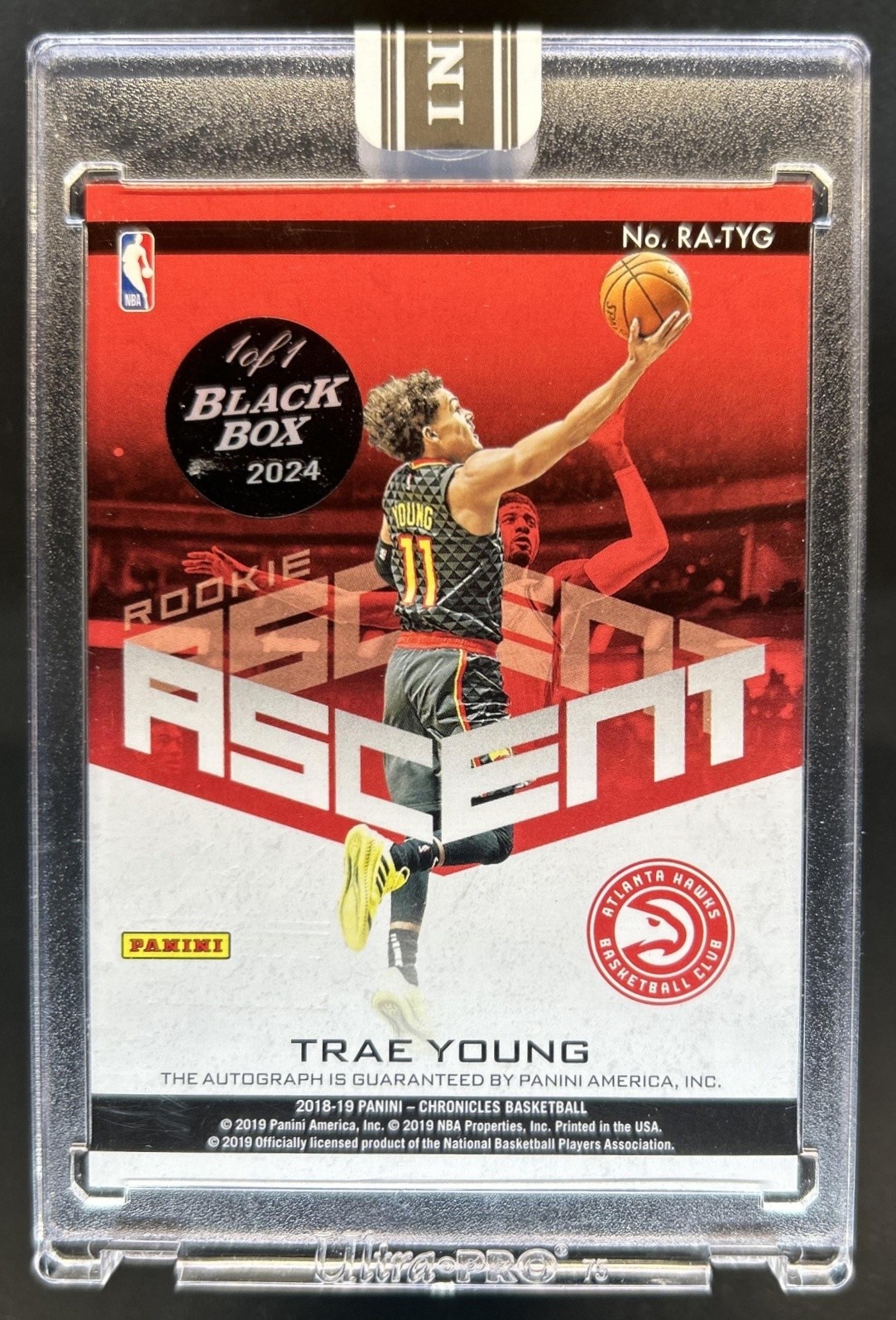 2018-19 Chronicles Trae Young Rookie Ascent RC Auto 2024 Black Box #1/1 view 2