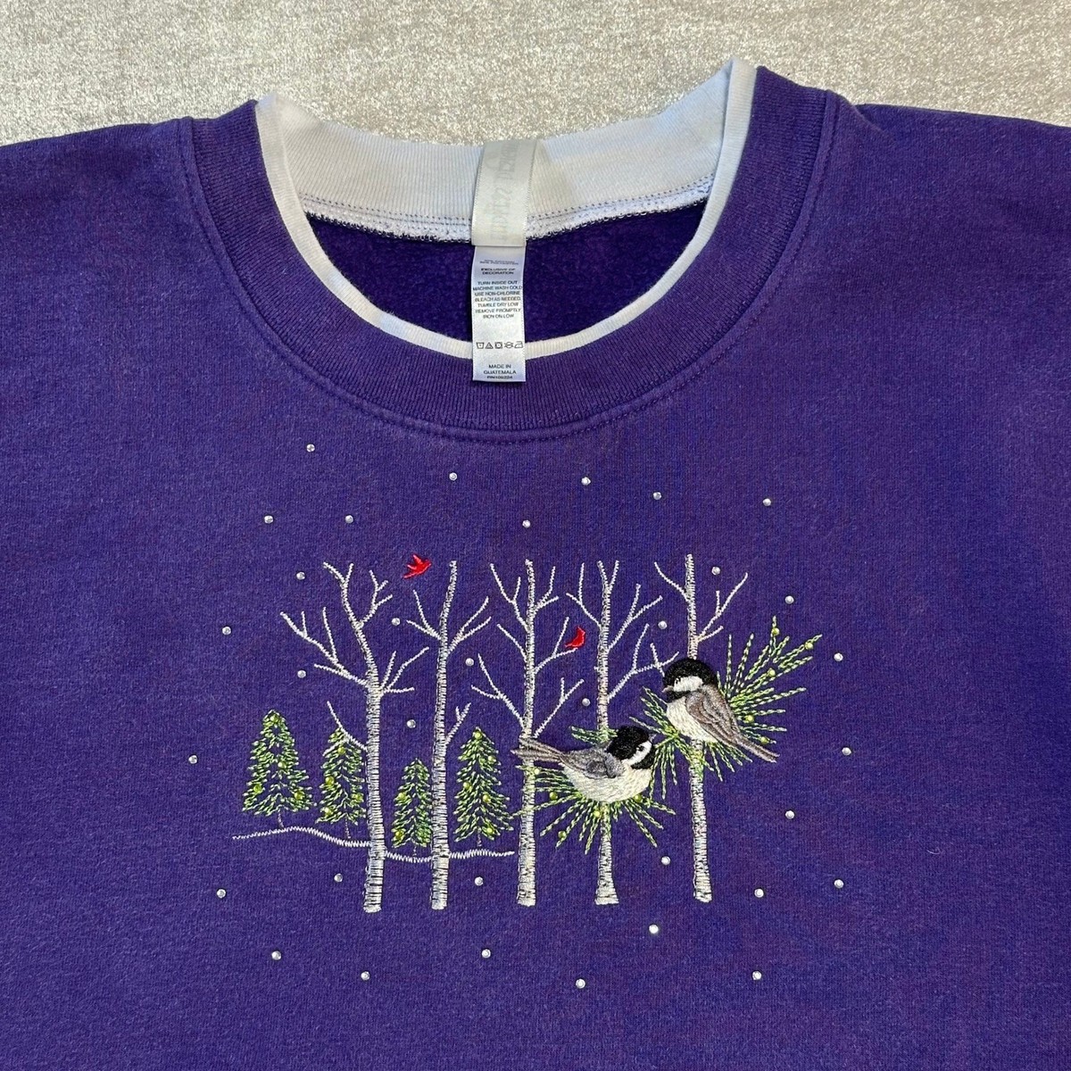 Embroidered Chickadee Bird Sweatshirt Women's 3X Purple Winter Cottagecore View 4