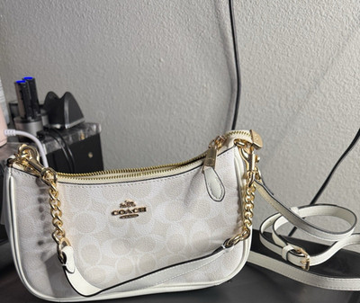 Coach Ivory Monogram Zip Shoulder Bag w/ Chain Strap, Gold Hardware, Charm