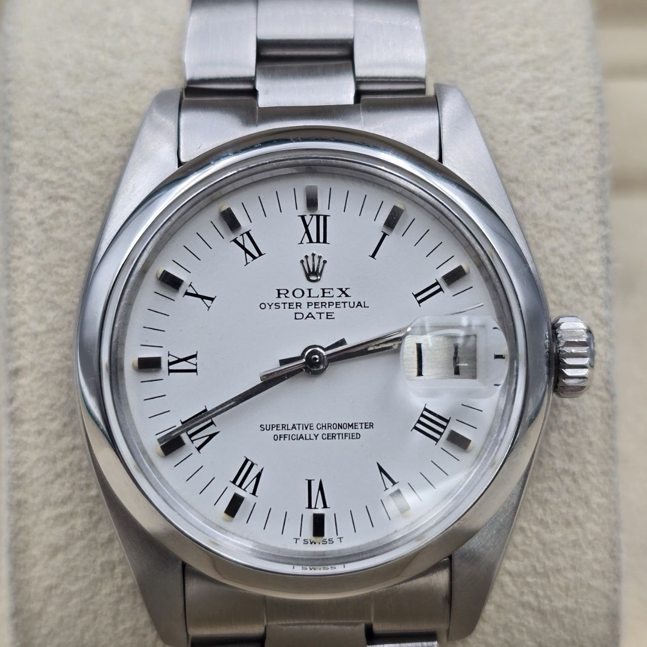 Rolex Oyster Perpetual Date 34mm Steel White Roman Oyster Automatic Watch 1500