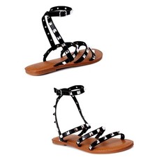NWT Time  Tru Women's 8 Black Studded Gladiator Strappy Wrap Flat Sandals