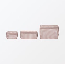 MUJI Gusset Mesh Case 3pc Set SML Smoky Pink Travel Cosmetic Toiletry Pouch NE